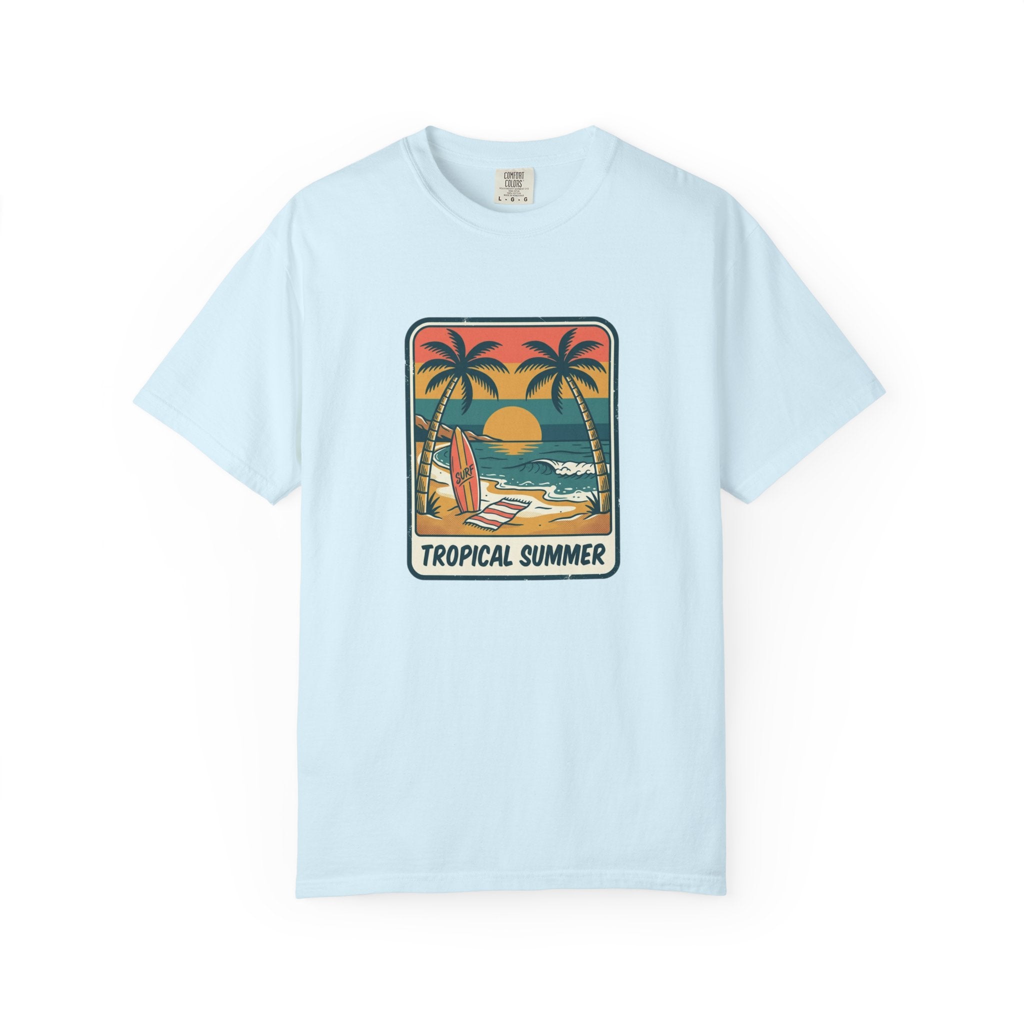 Tropical Sunset Surf Scene T-Shirt | Palm Trees, Sailboat, Retro Beach