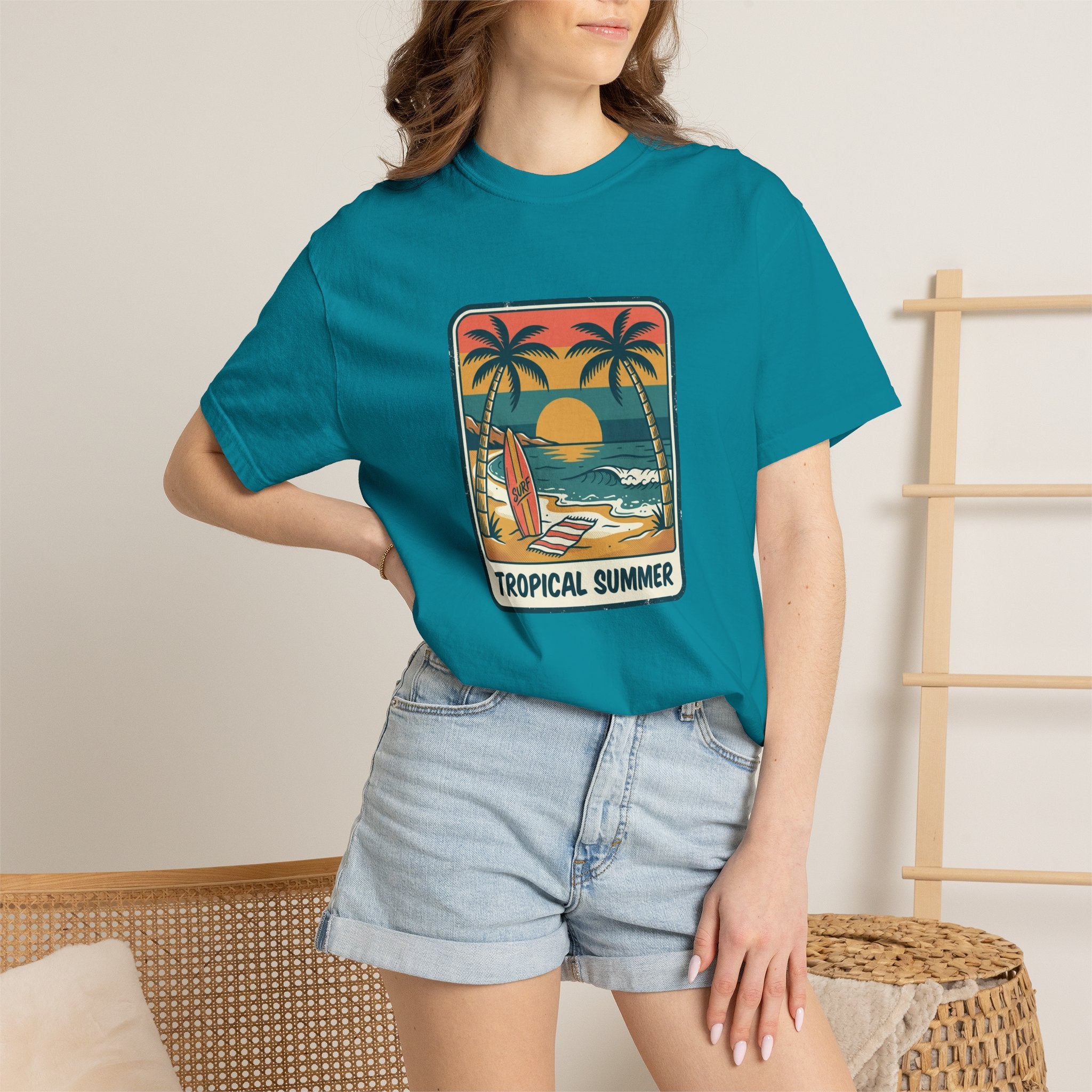 Tropical Sunset Surf Scene T-Shirt | Palm Trees, Sailboat, Retro Beach