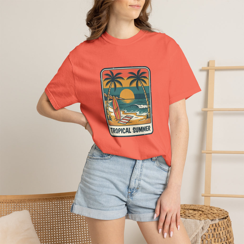 Tropical Sunset Surf Scene T-Shirt | Palm Trees, Sailboat, Retro Beach