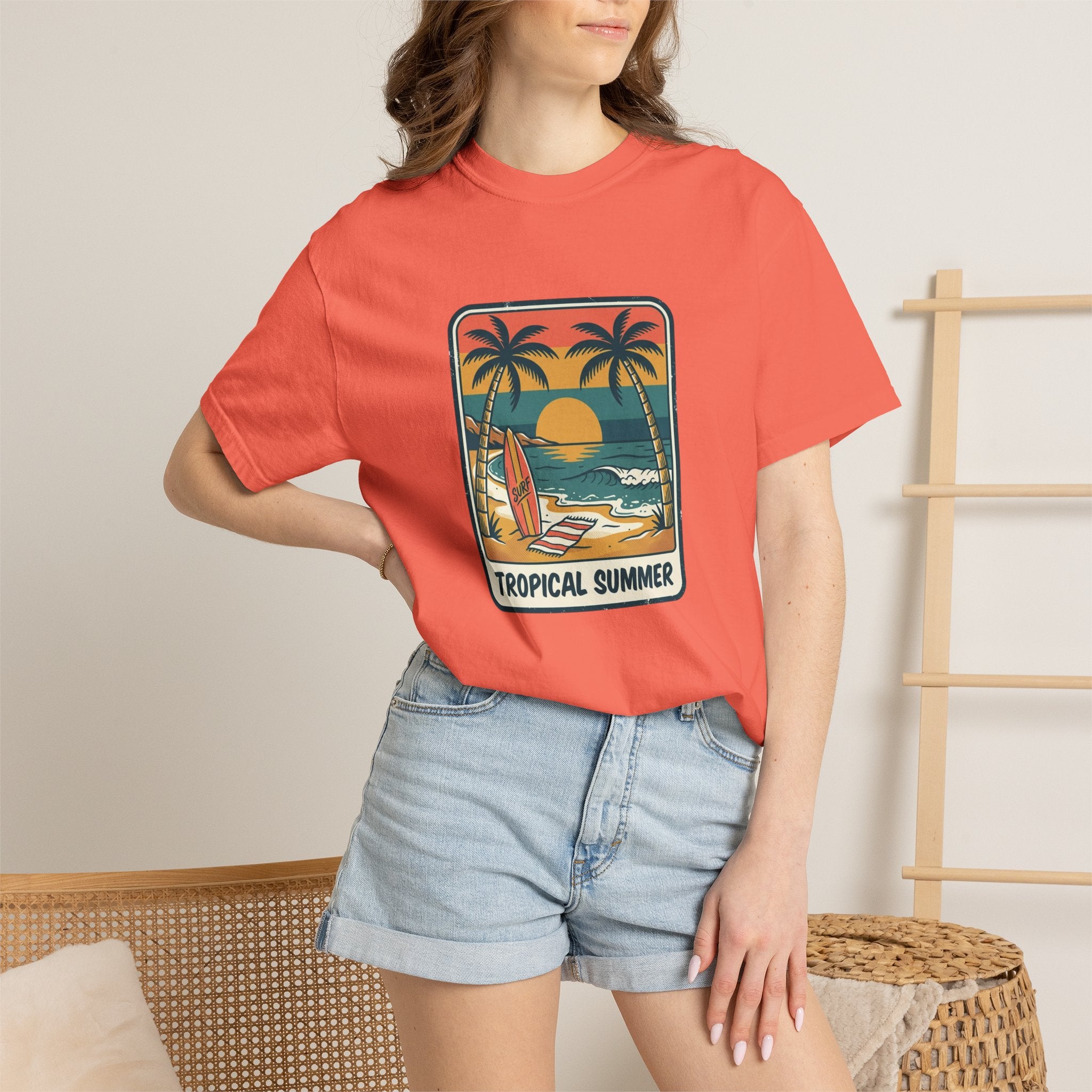 Tropical Sunset Surf Scene T-Shirt | Palm Trees, Sailboat, Retro Beach