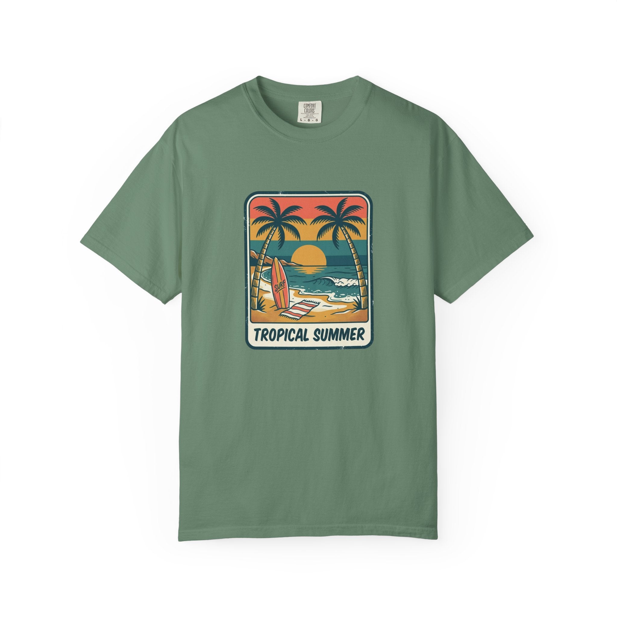 Tropical Sunset Surf Scene T-Shirt | Palm Trees, Sailboat, Retro Beach