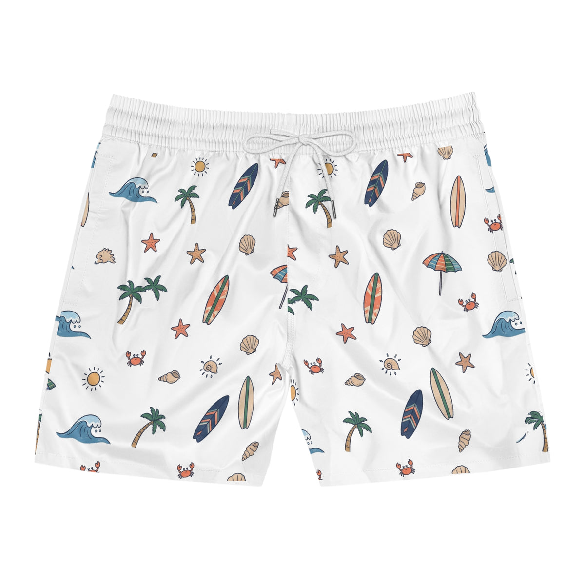 Beach Pattern Swim Shorts — Men's Surfboard & Seashell Print