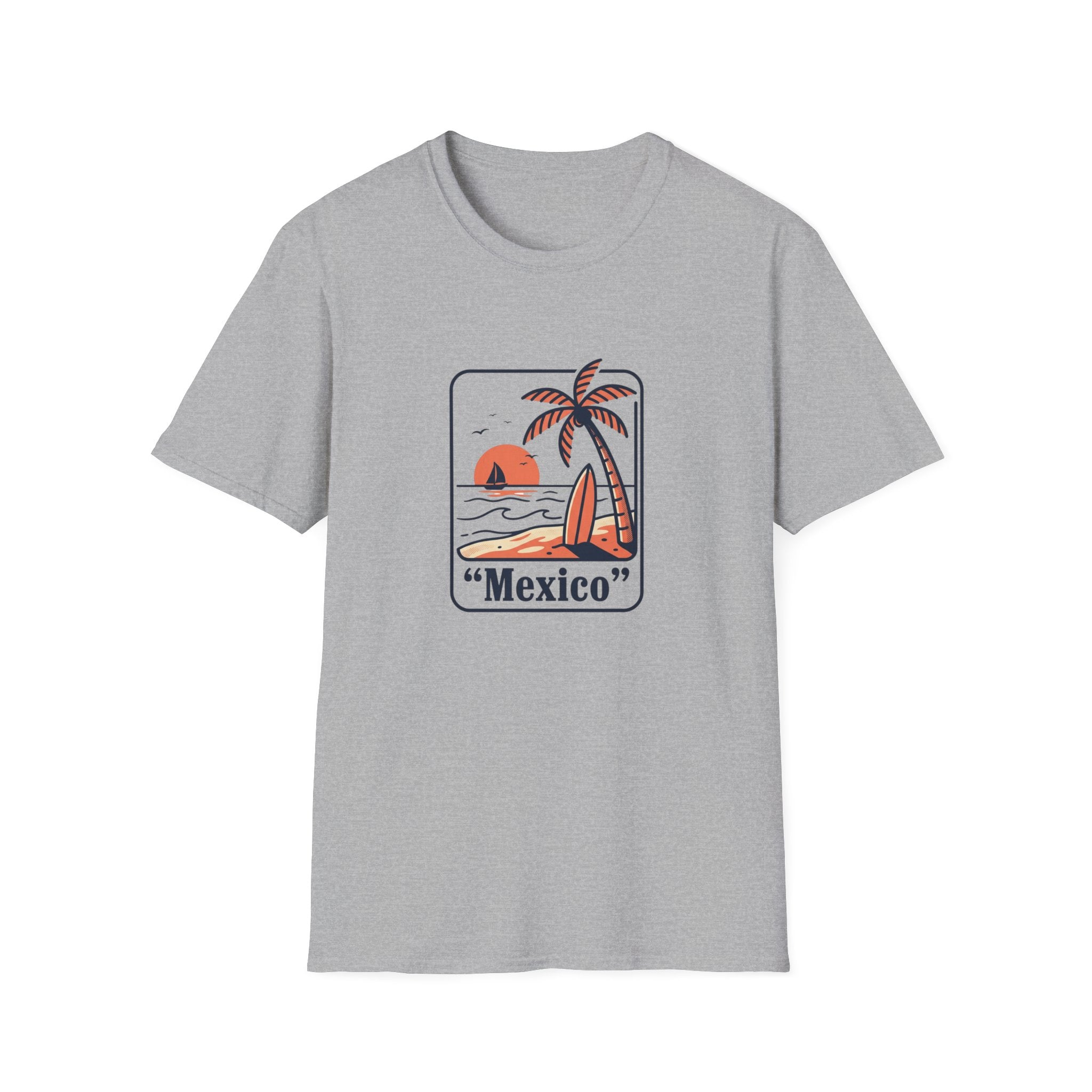 Mexico Beach Sunset Unisex-T-Shirt | Palm Trees, Surfboards, Vintage Sunset