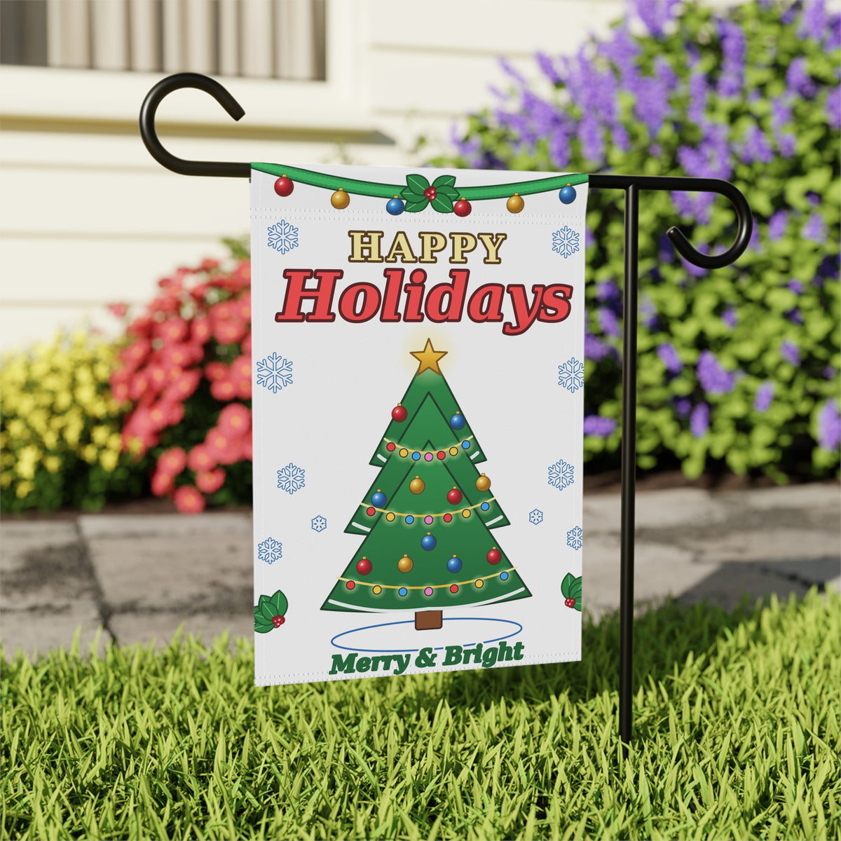 Happy Holidays Christmas Tree Garden Flag | Merry & Bright Holiday Banner