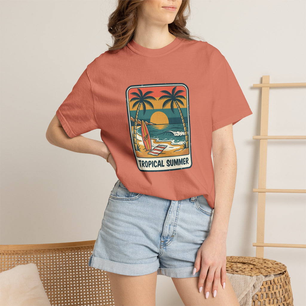 Tropical Sunset Surf Scene T-Shirt | Palm Trees, Sailboat, Retro Beach