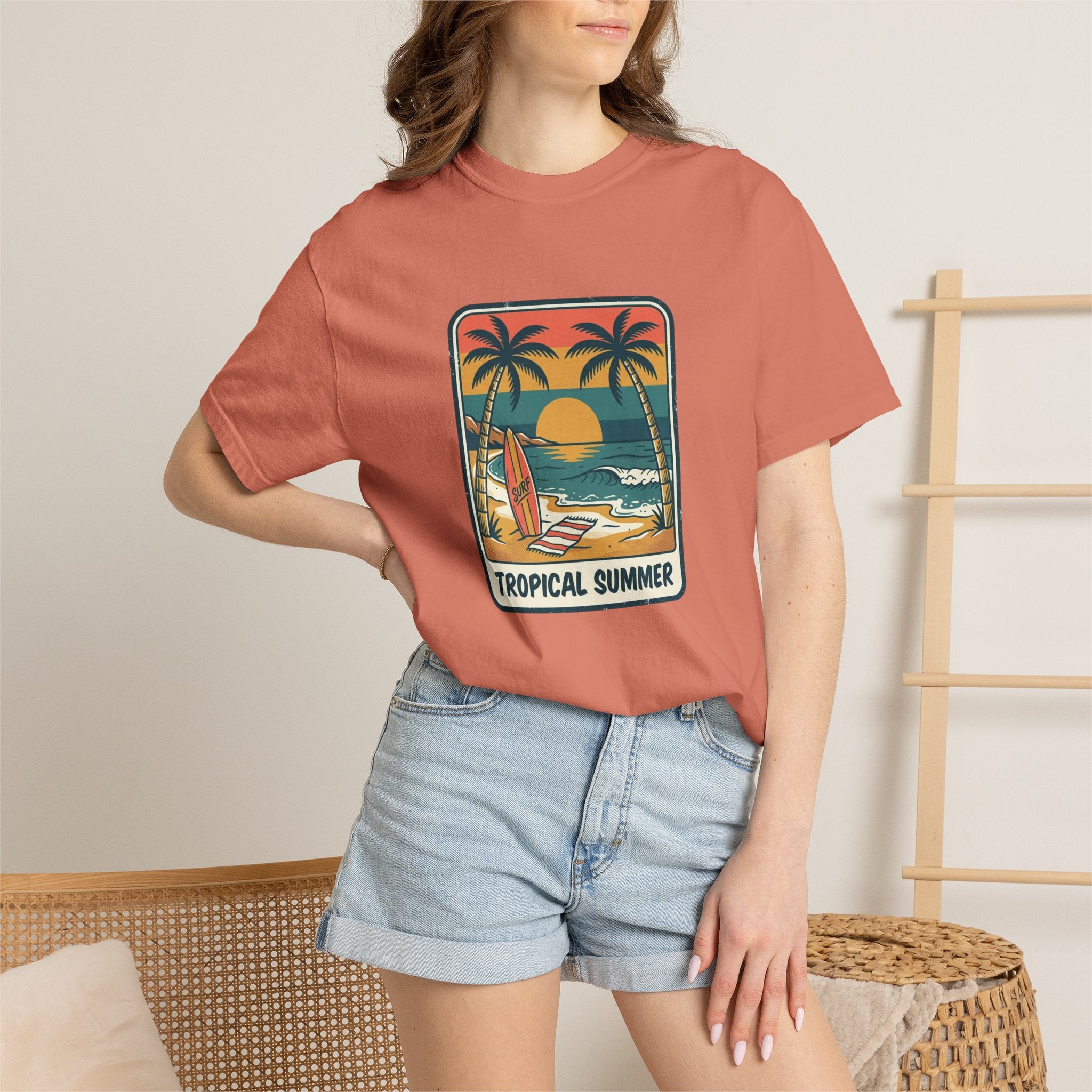 Tropical Sunset Surf Scene T-Shirt | Palm Trees, Sailboat, Retro Beach