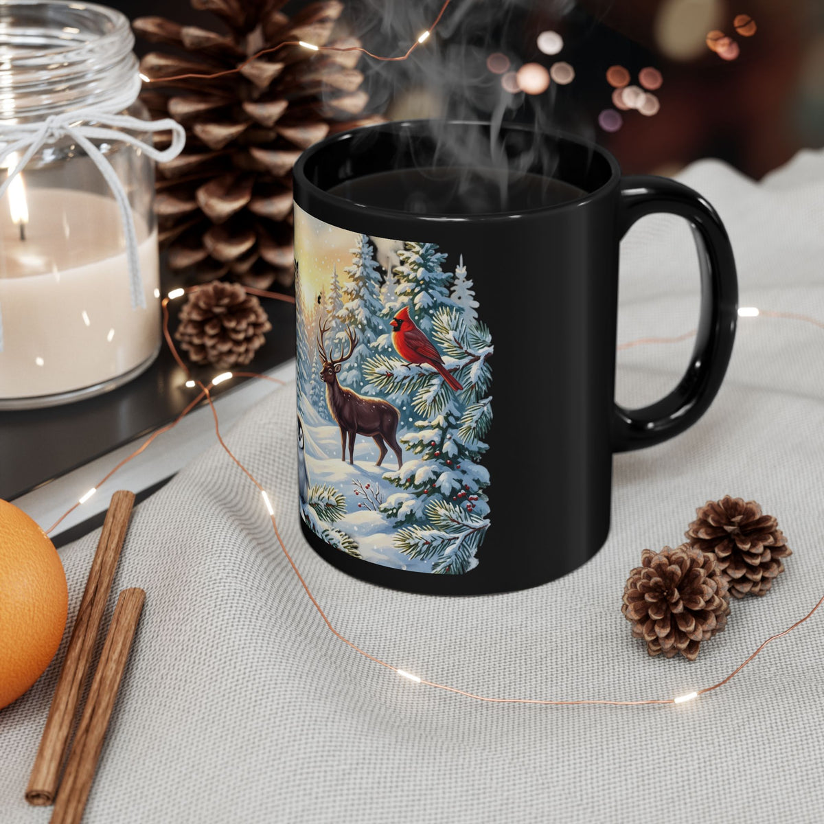Winter Forest Wildlife Mug | Snowy Owl, Penguin, Deer, Cardinal Scene