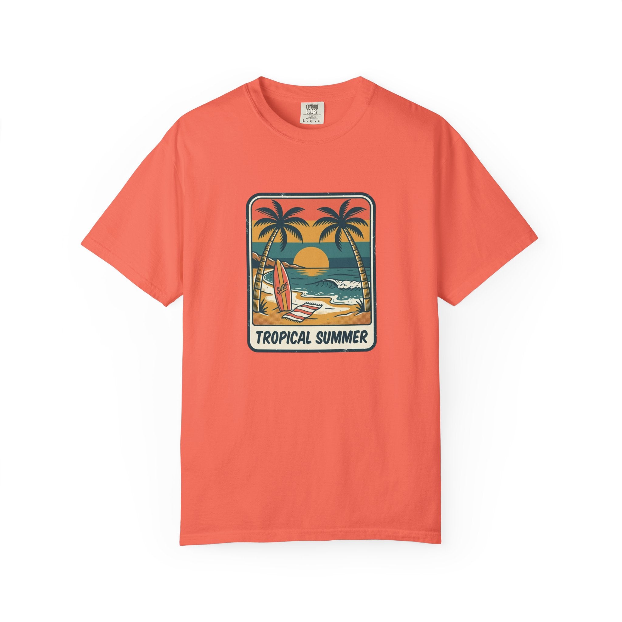Tropical Sunset Surf Scene T-Shirt | Palm Trees, Sailboat, Retro Beach