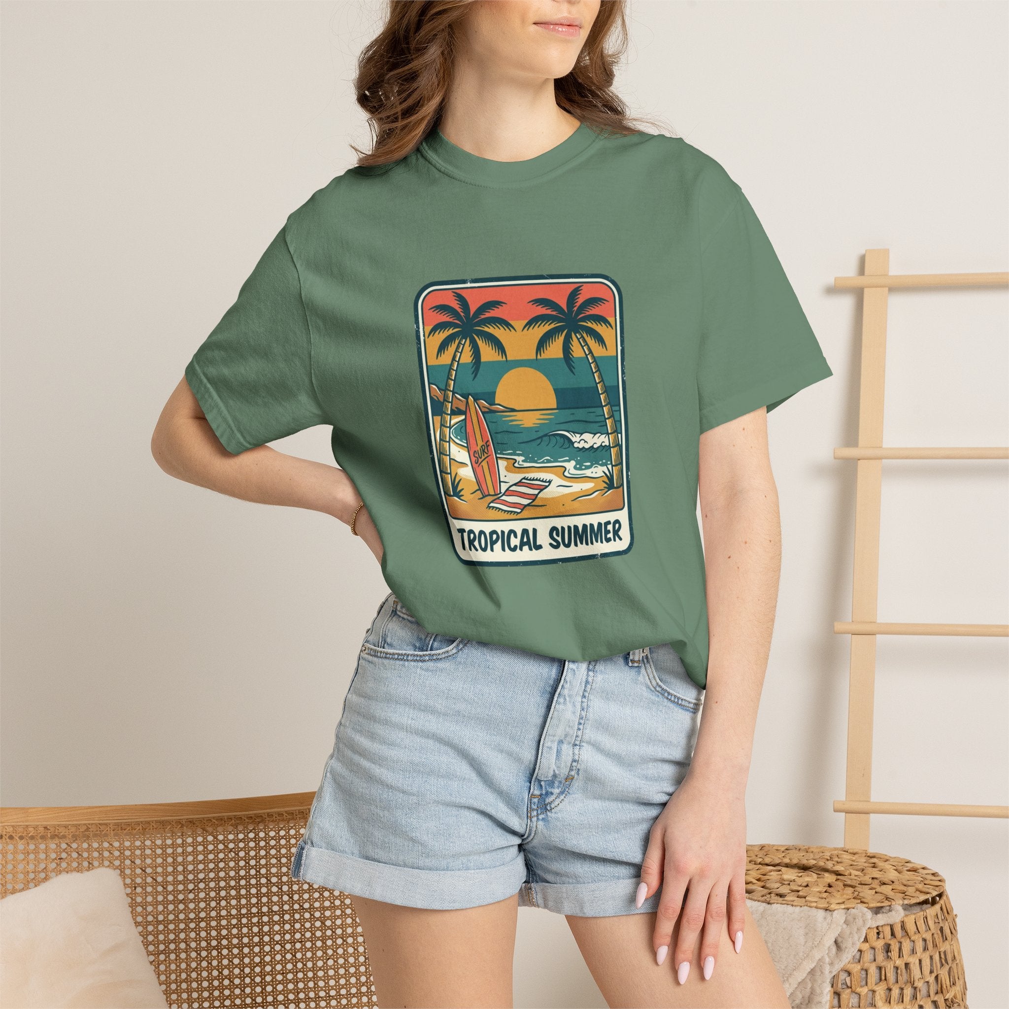 Tropical Sunset Surf Scene T-Shirt | Palm Trees, Sailboat, Retro Beach