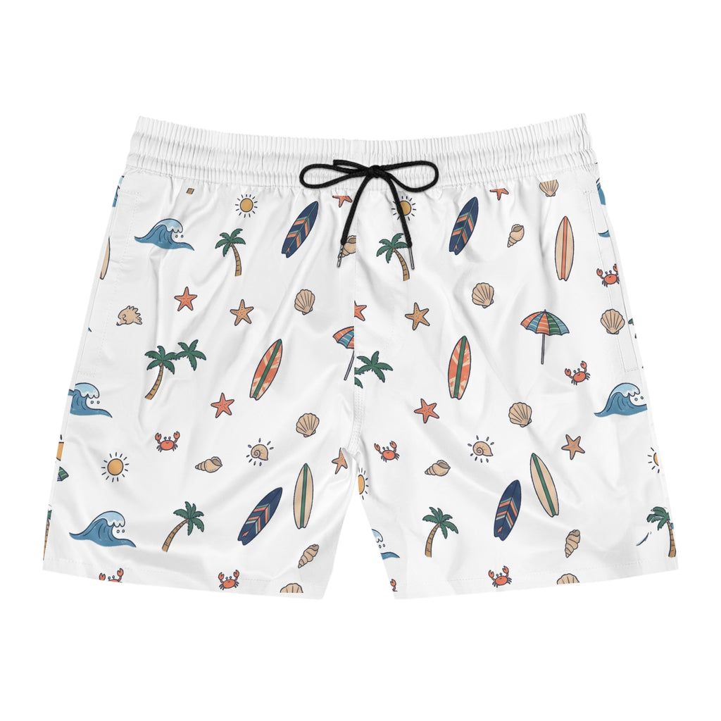 Beach Pattern Swim Shorts — Men's Surfboard & Seashell Print