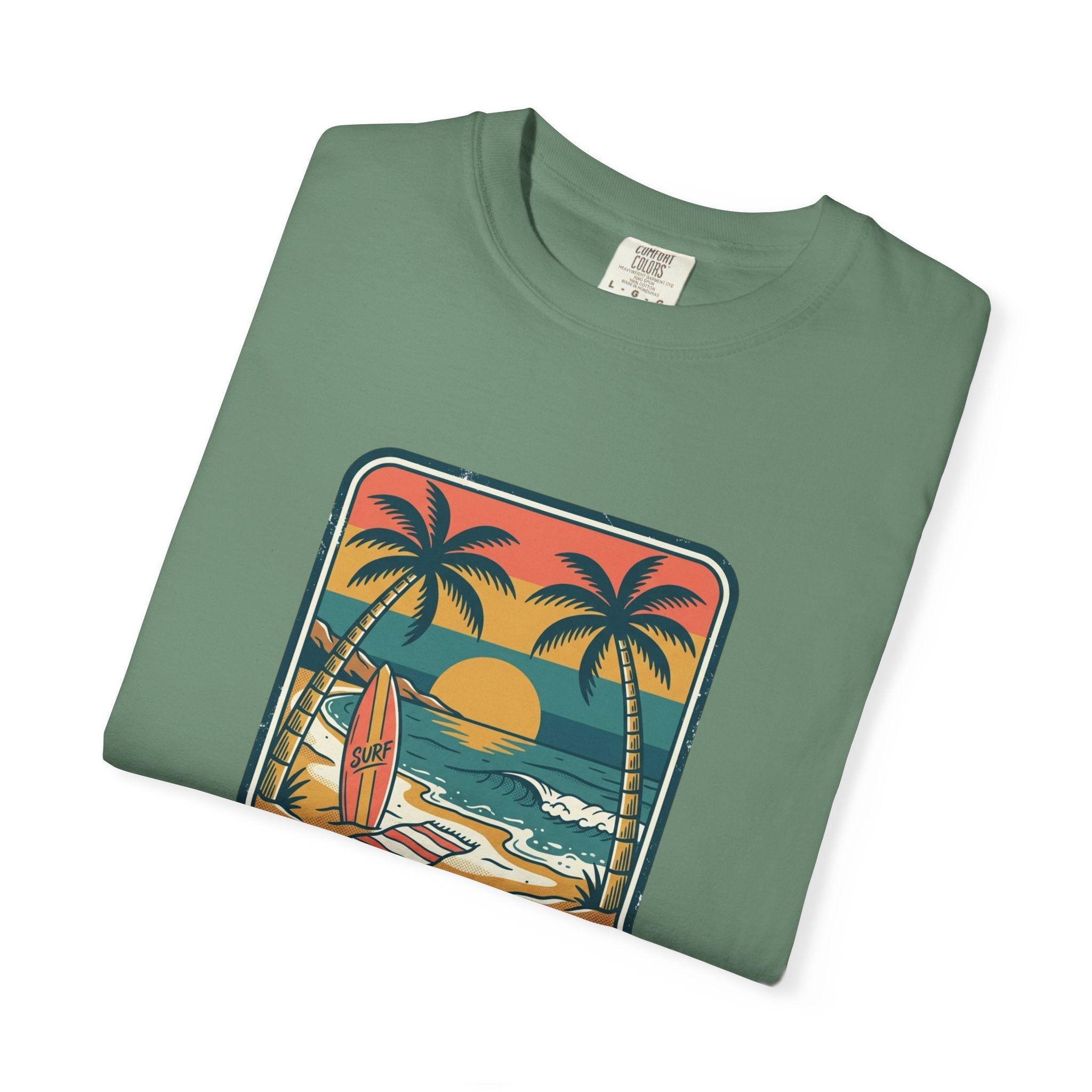Tropical Sunset Surf Scene T-Shirt | Palm Trees, Sailboat, Retro Beach