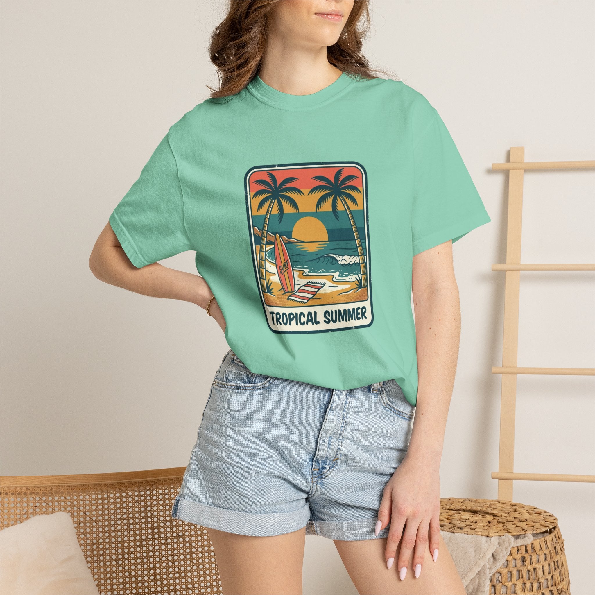 Tropical Sunset Surf Scene T-Shirt | Palm Trees, Sailboat, Retro Beach