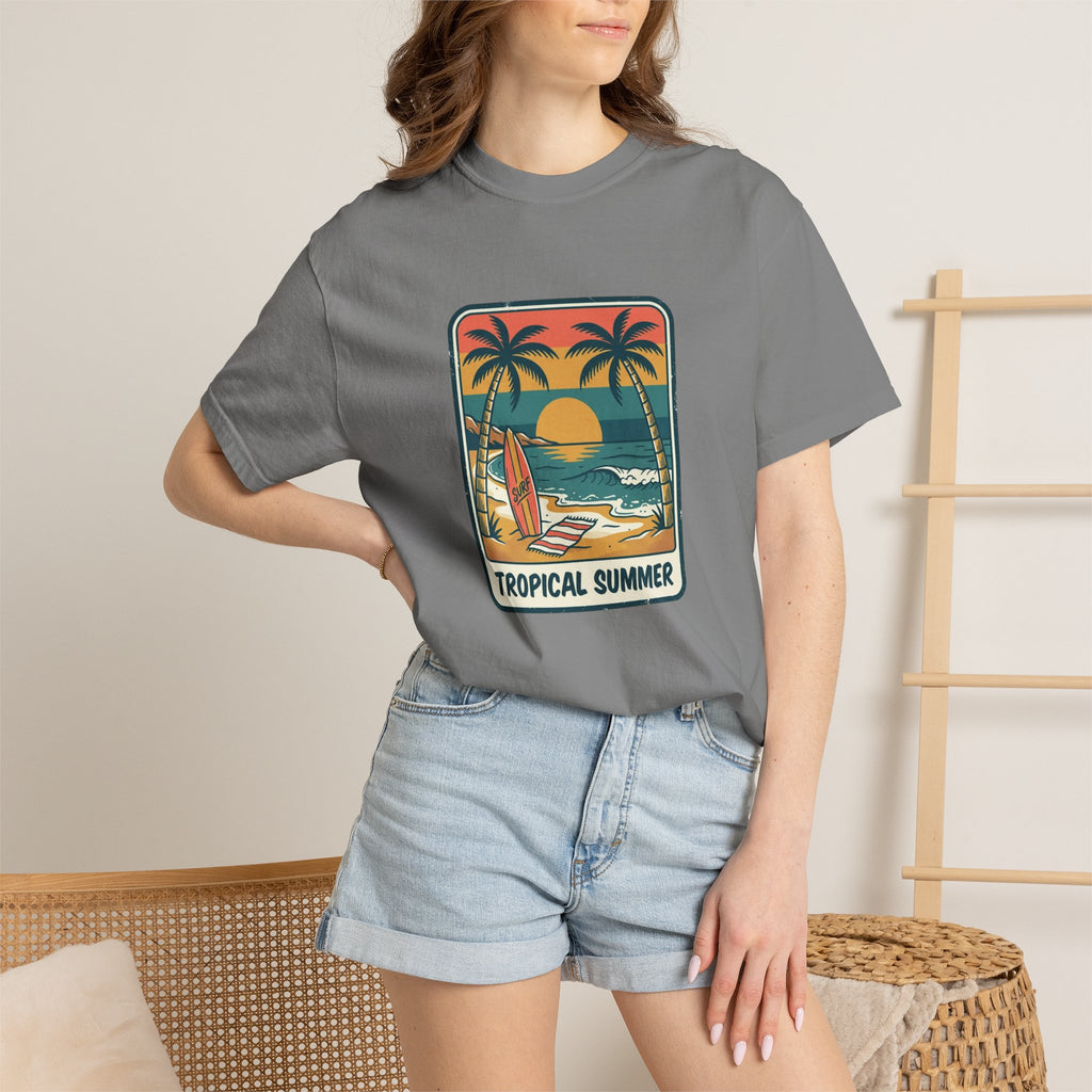 Tropical Sunset Surf Scene T-Shirt | Palm Trees, Sailboat, Retro Beach