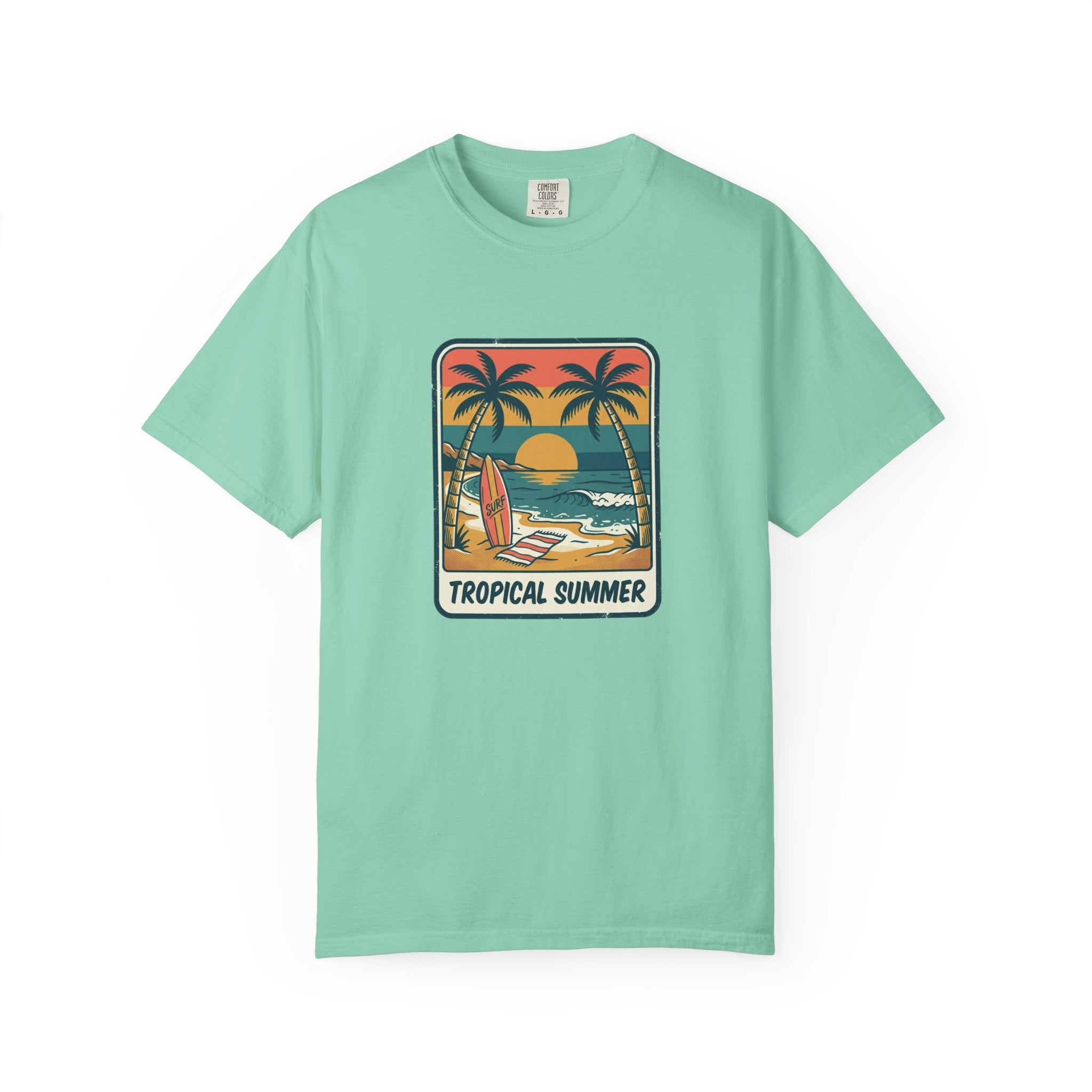 Tropical Sunset Surf Scene T-Shirt | Palm Trees, Sailboat, Retro Beach