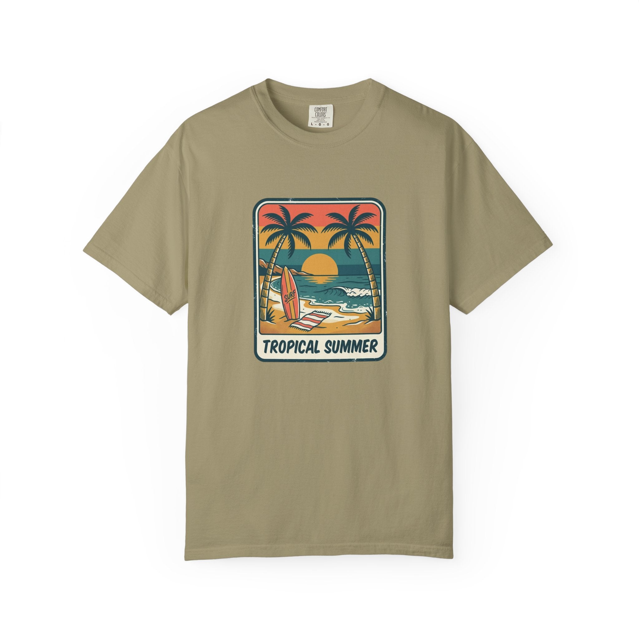 Tropical Sunset Surf Scene T-Shirt | Palm Trees, Sailboat, Retro Beach