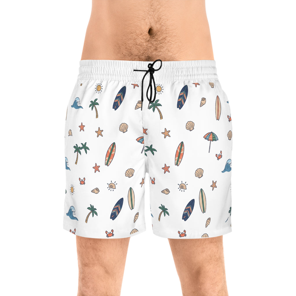 Beach Pattern Swim Shorts — Men's Surfboard & Seashell Print
