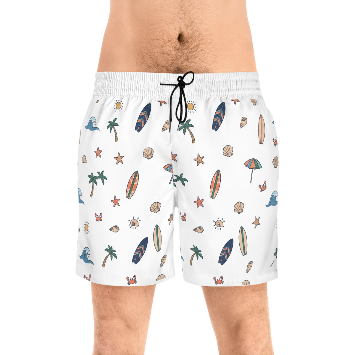 Beach Pattern Swim Shorts — Men's Surfboard & Seashell Print