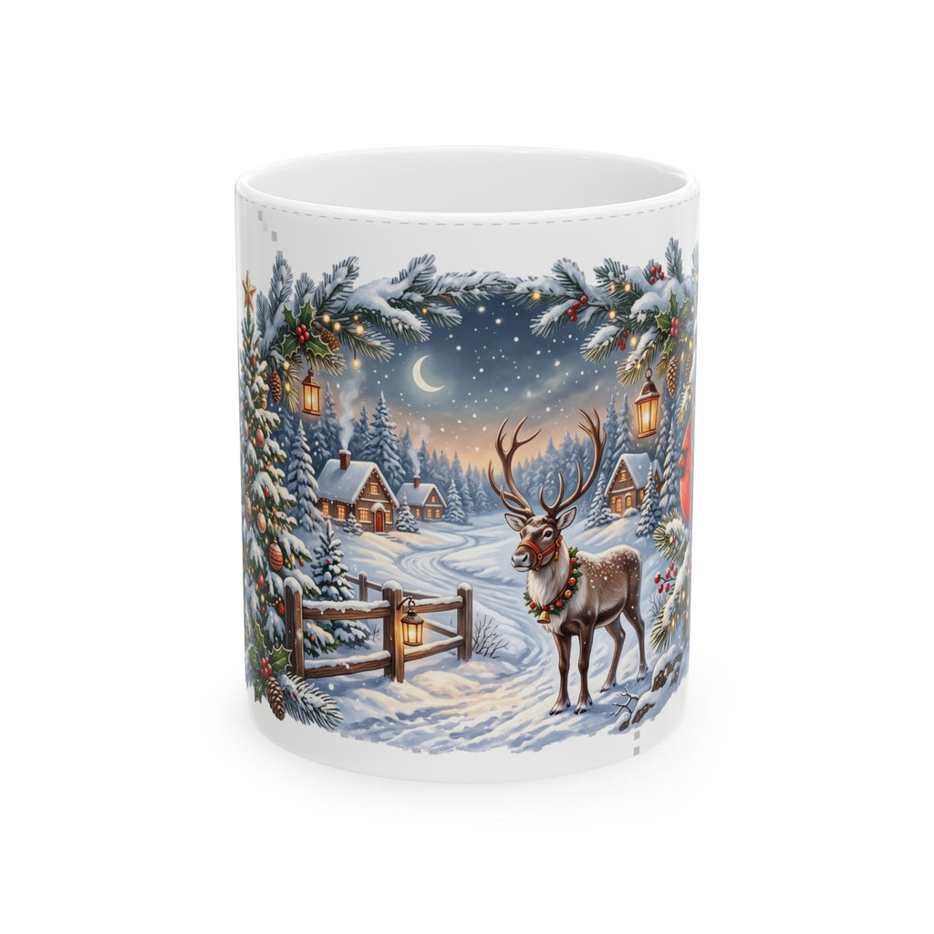 Reindeer in Snowy Village Mug | Winter Night Christmas Scene