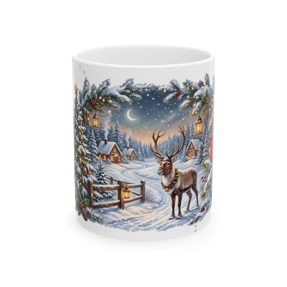 Reindeer in Snowy Village Mug | Winter Night Christmas Scene
