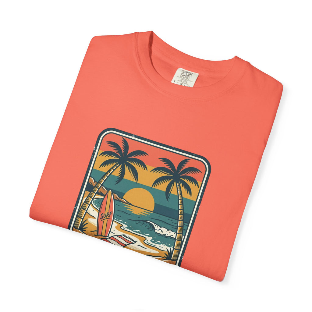 Tropical Sunset Surf Scene T-Shirt | Palm Trees, Sailboat, Retro Beach