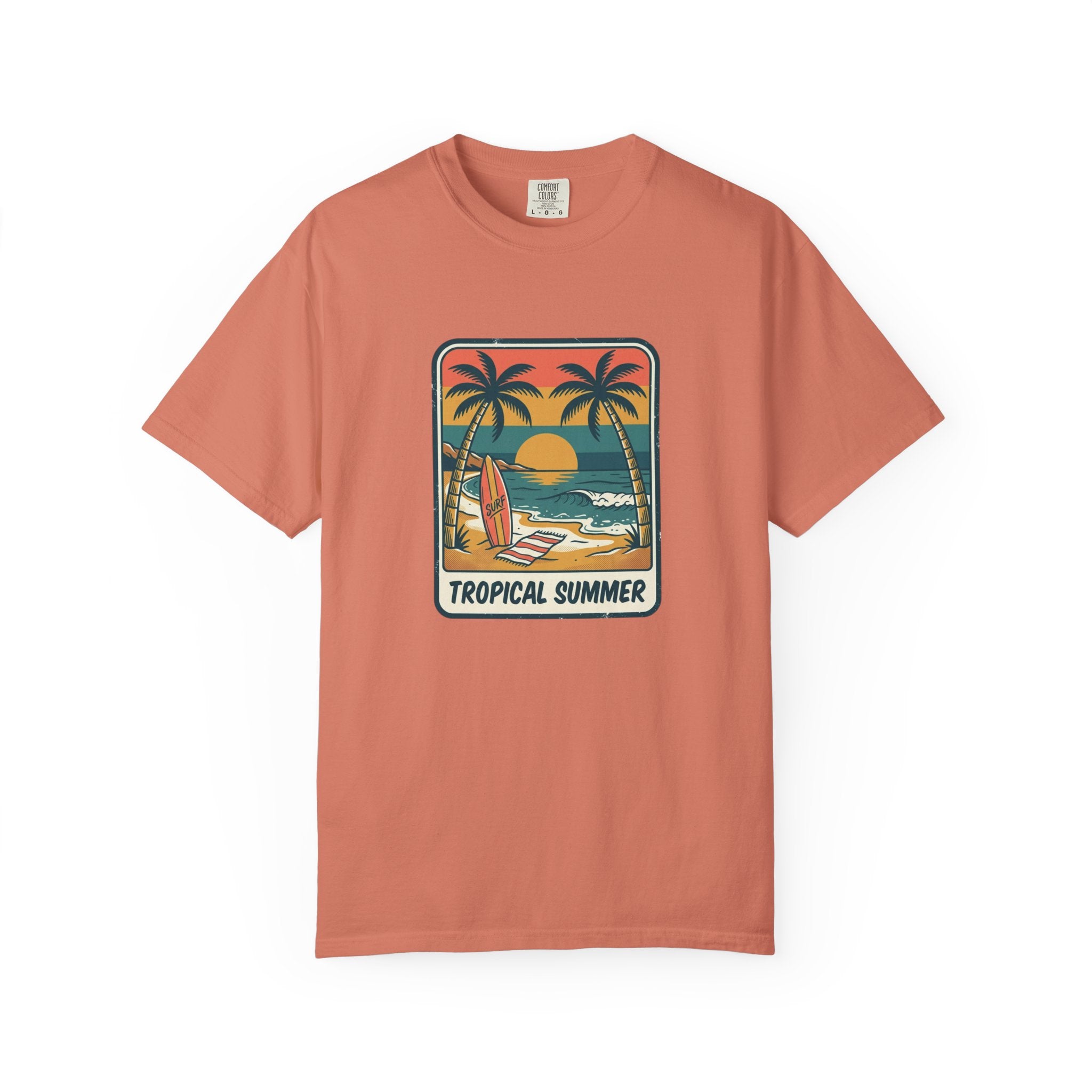 Tropical Sunset Surf Scene T-Shirt | Palm Trees, Sailboat, Retro Beach
