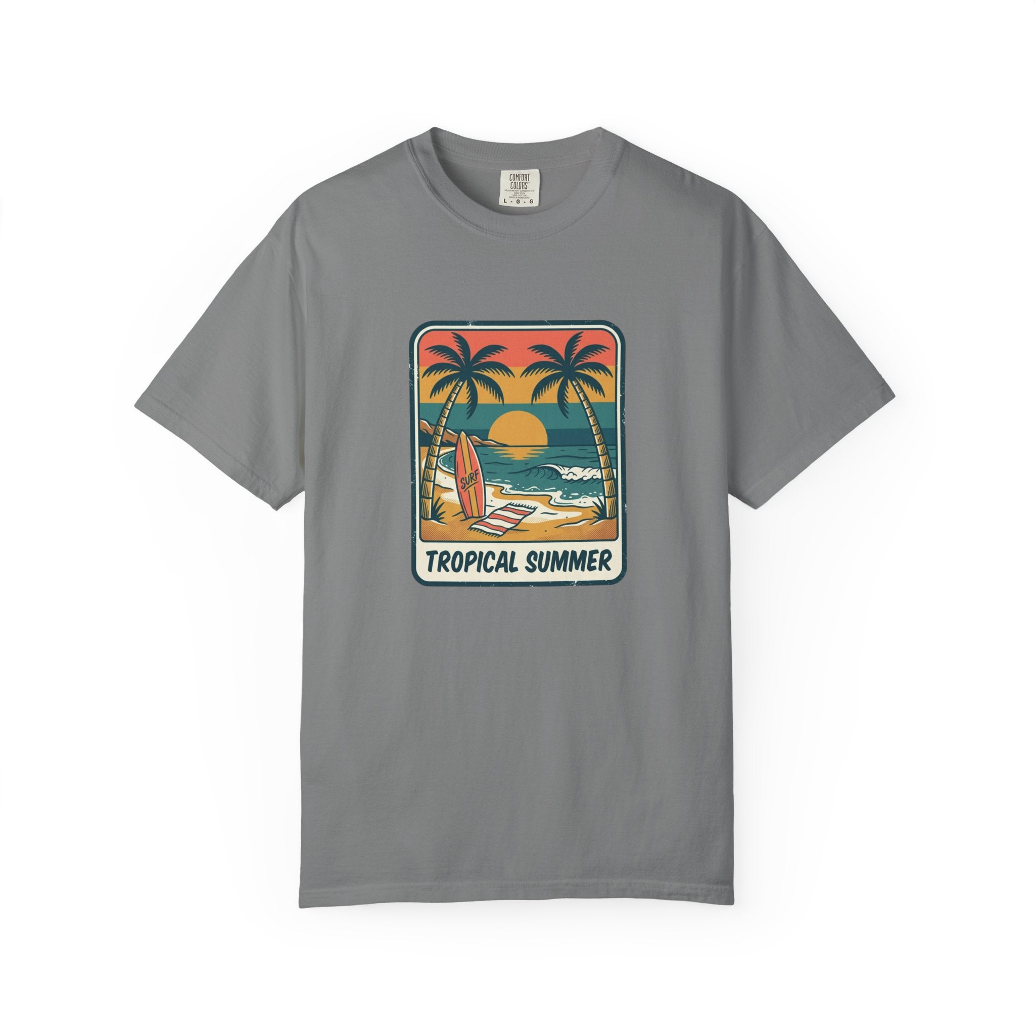 Tropical Sunset Surf Scene T-Shirt | Palm Trees, Sailboat, Retro Beach
