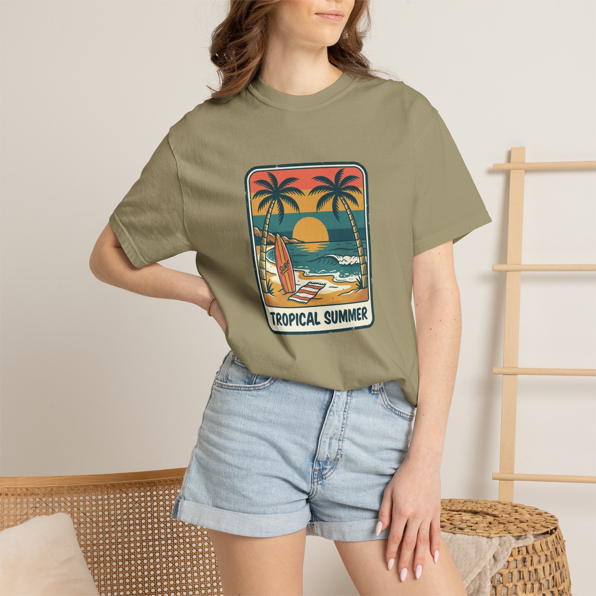 Tropical Sunset Surf Scene T-Shirt | Palm Trees, Sailboat, Retro Beach