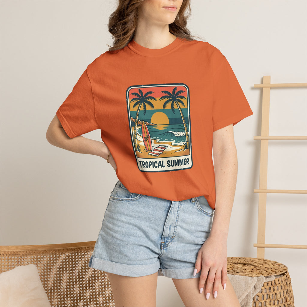 Tropical Sunset Surf Scene T-Shirt | Palm Trees, Sailboat, Retro Beach