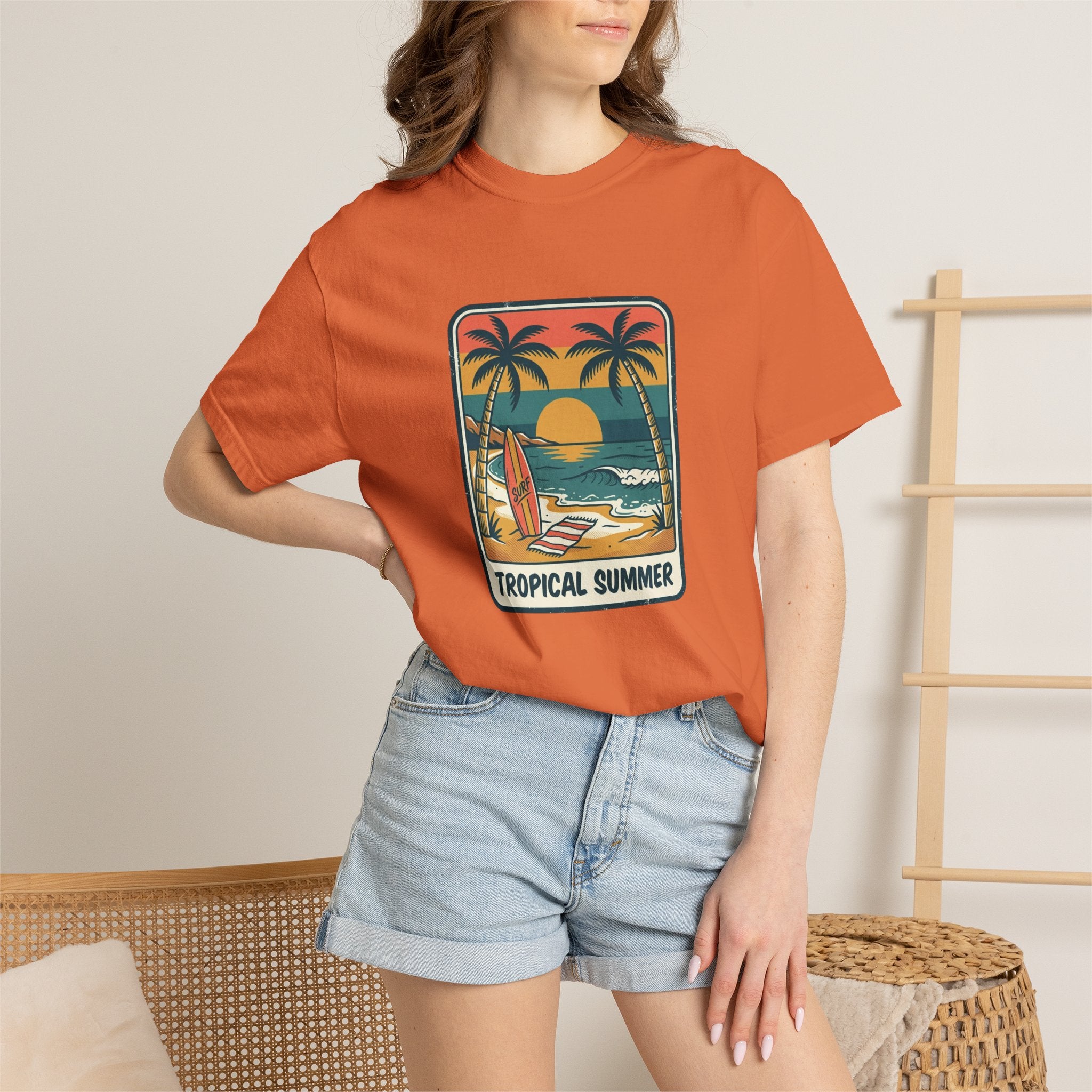 Tropical Sunset Surf Scene T-Shirt | Palm Trees, Sailboat, Retro Beach