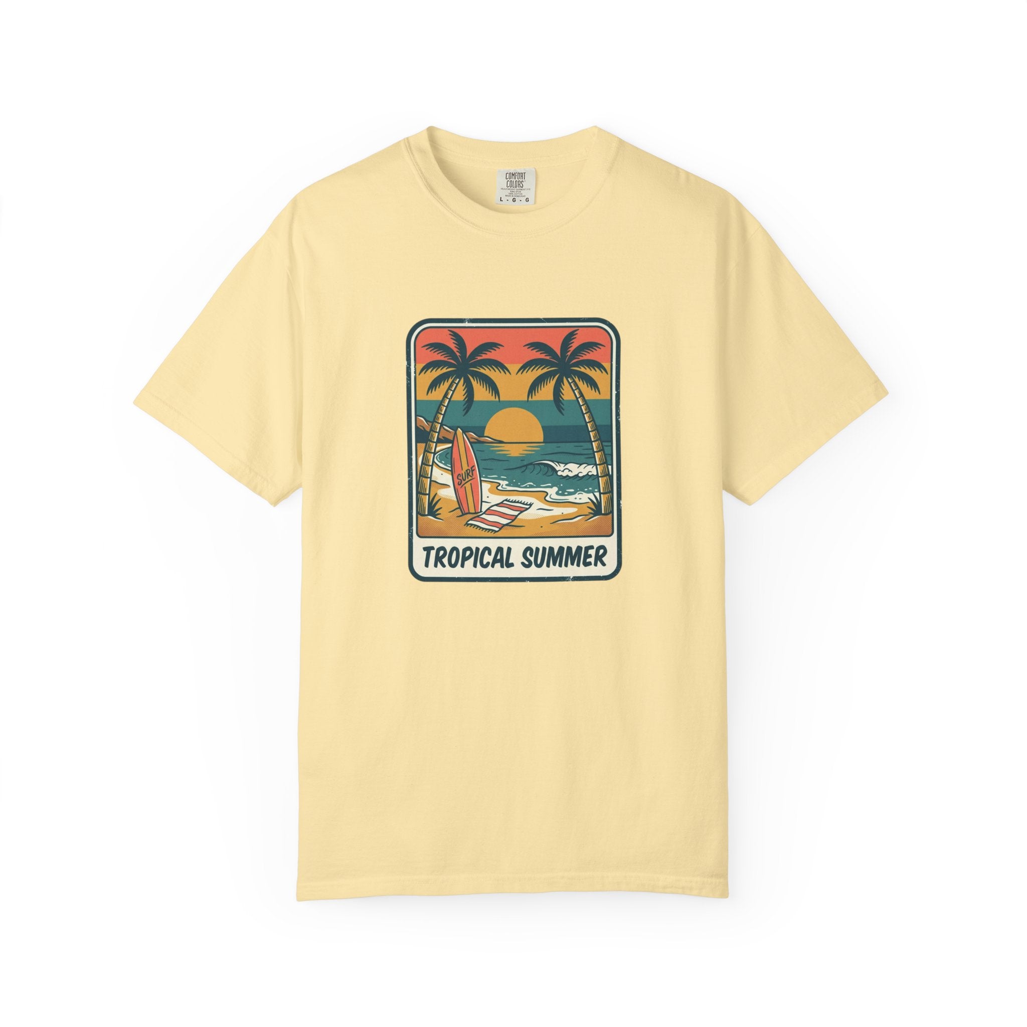 Tropical Sunset Surf Scene T-Shirt | Palm Trees, Sailboat, Retro Beach