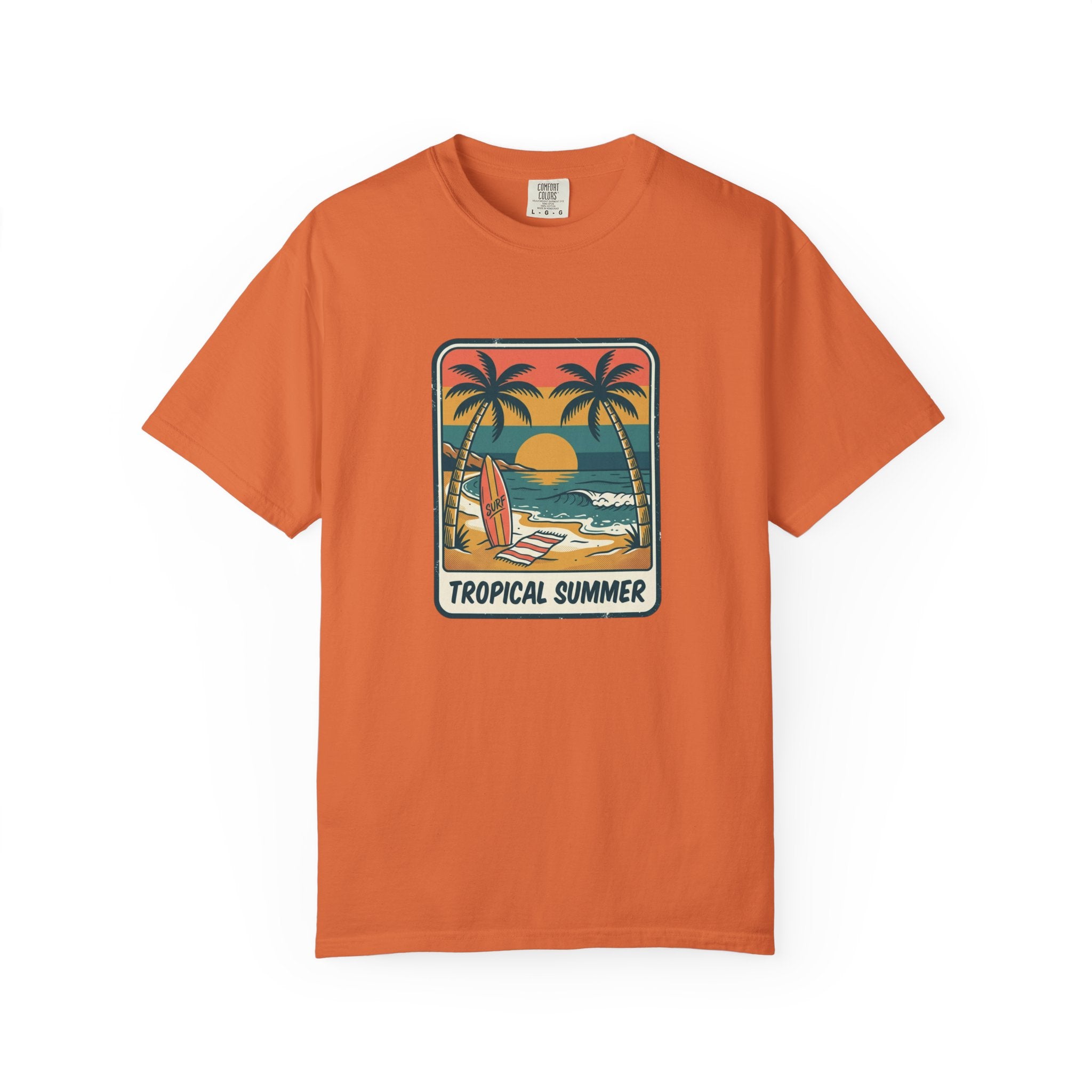 Tropical Sunset Surf Scene T-Shirt | Palm Trees, Sailboat, Retro Beach