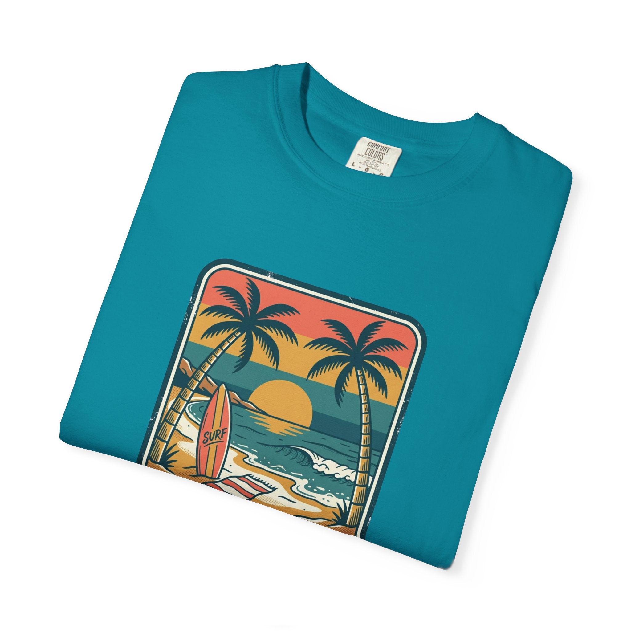 Tropical Sunset Surf Scene T-Shirt | Palm Trees, Sailboat, Retro Beach
