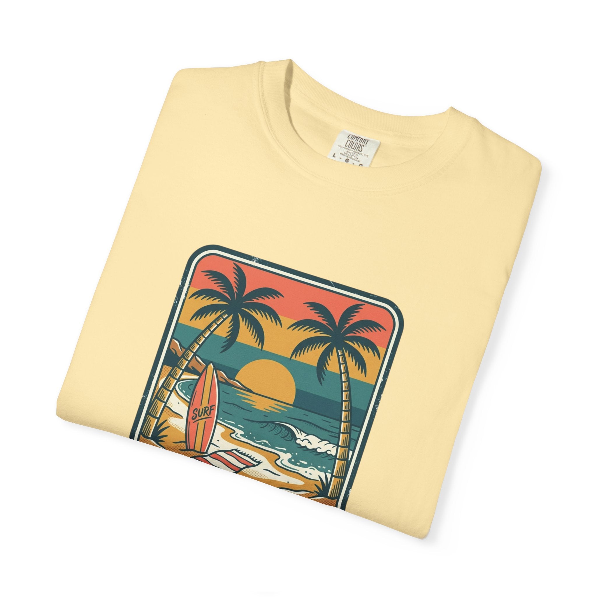 Tropical Sunset Surf Scene T-Shirt | Palm Trees, Sailboat, Retro Beach