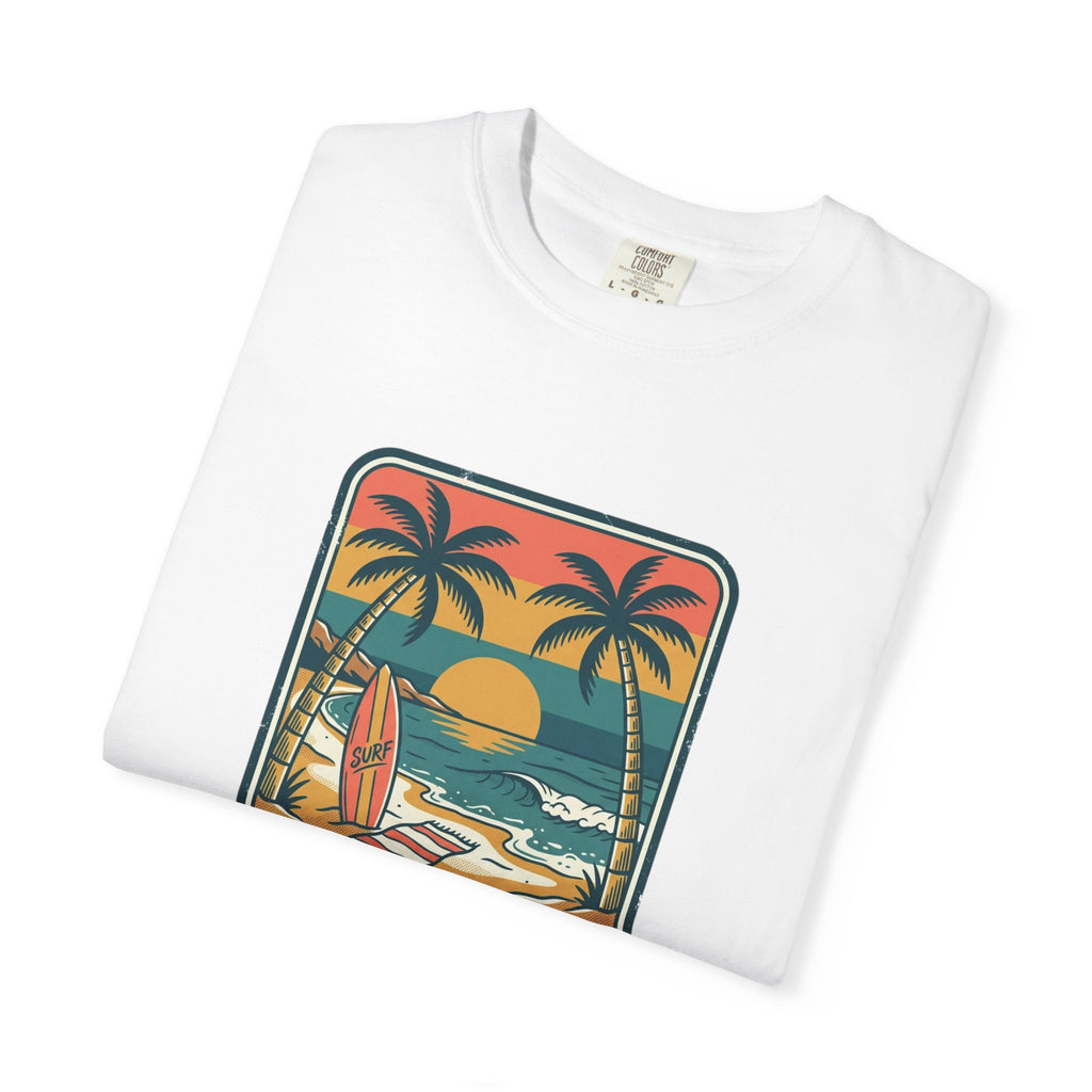 Tropical Sunset Surf Scene T-Shirt | Palm Trees, Sailboat, Retro Beach