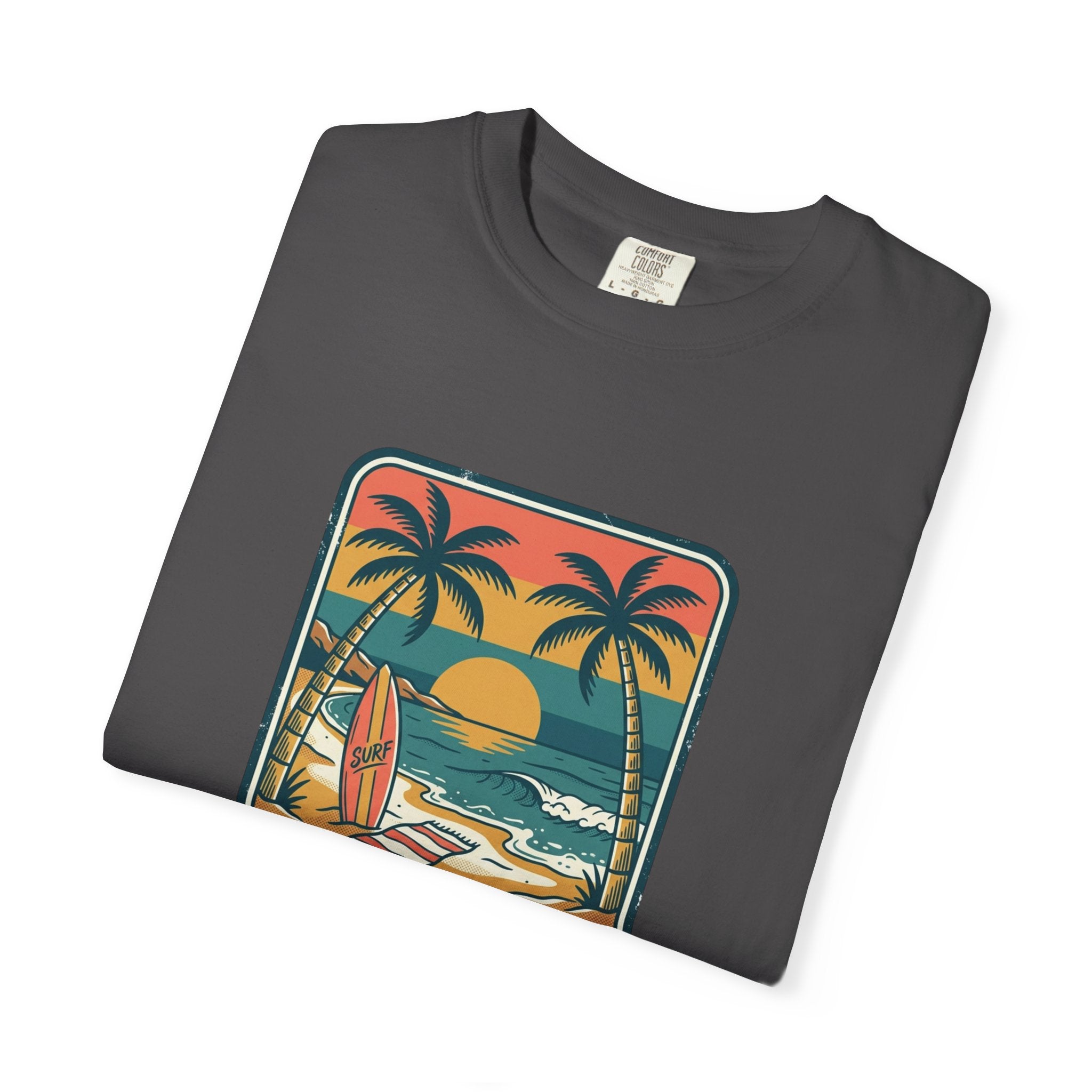 Tropical Sunset Surf Scene T-Shirt | Palm Trees, Sailboat, Retro Beach