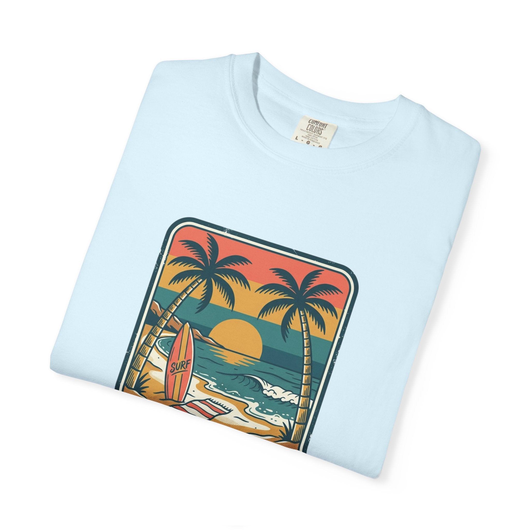 Tropical Sunset Surf Scene T-Shirt | Palm Trees, Sailboat, Retro Beach
