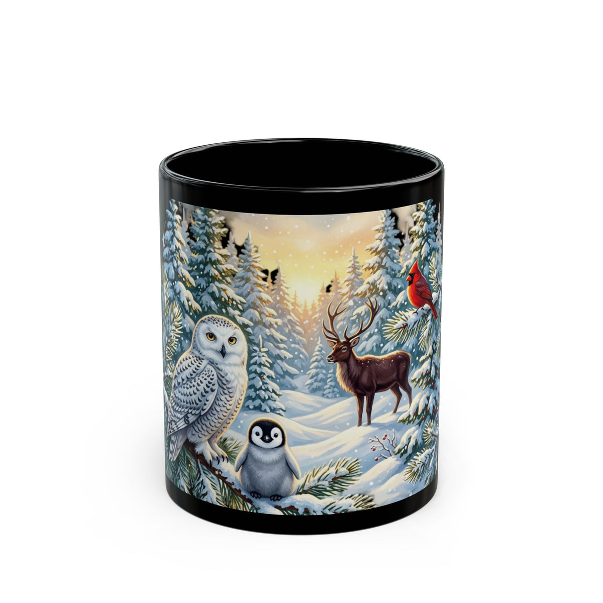 Winter Forest Wildlife Mug | Snowy Owl, Penguin, Deer, Cardinal Scene