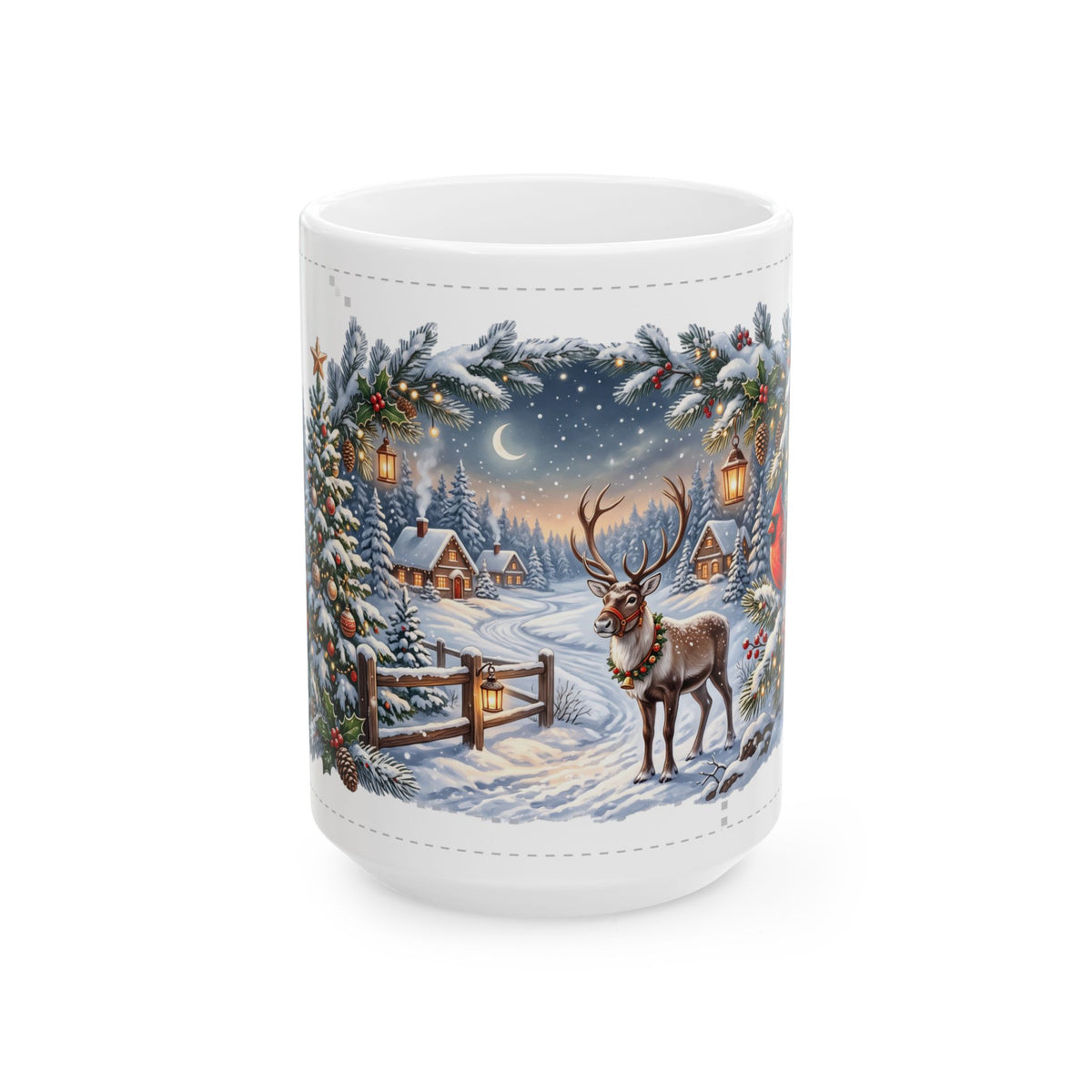 Reindeer in Snowy Village Mug | Winter Night Christmas Scene