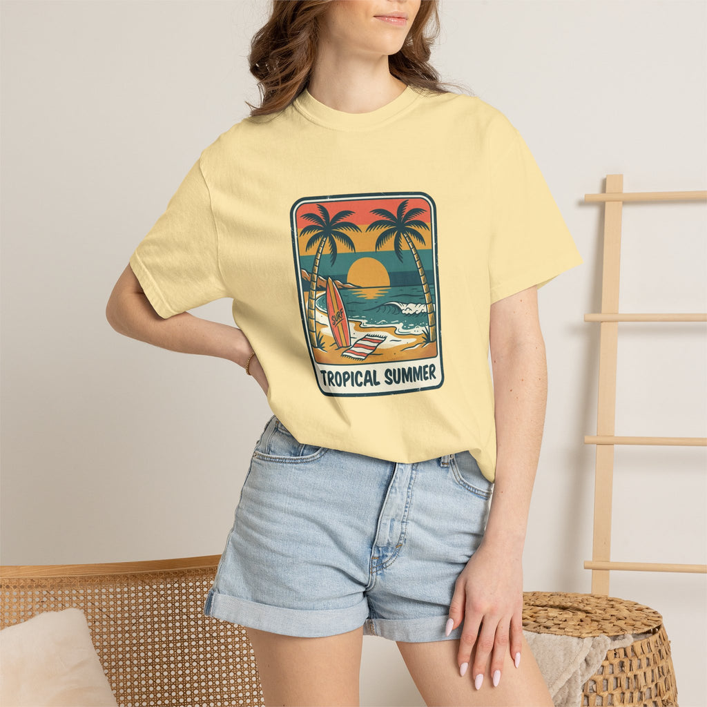 Tropical Sunset Surf Scene T-Shirt | Palm Trees, Sailboat, Retro Beach