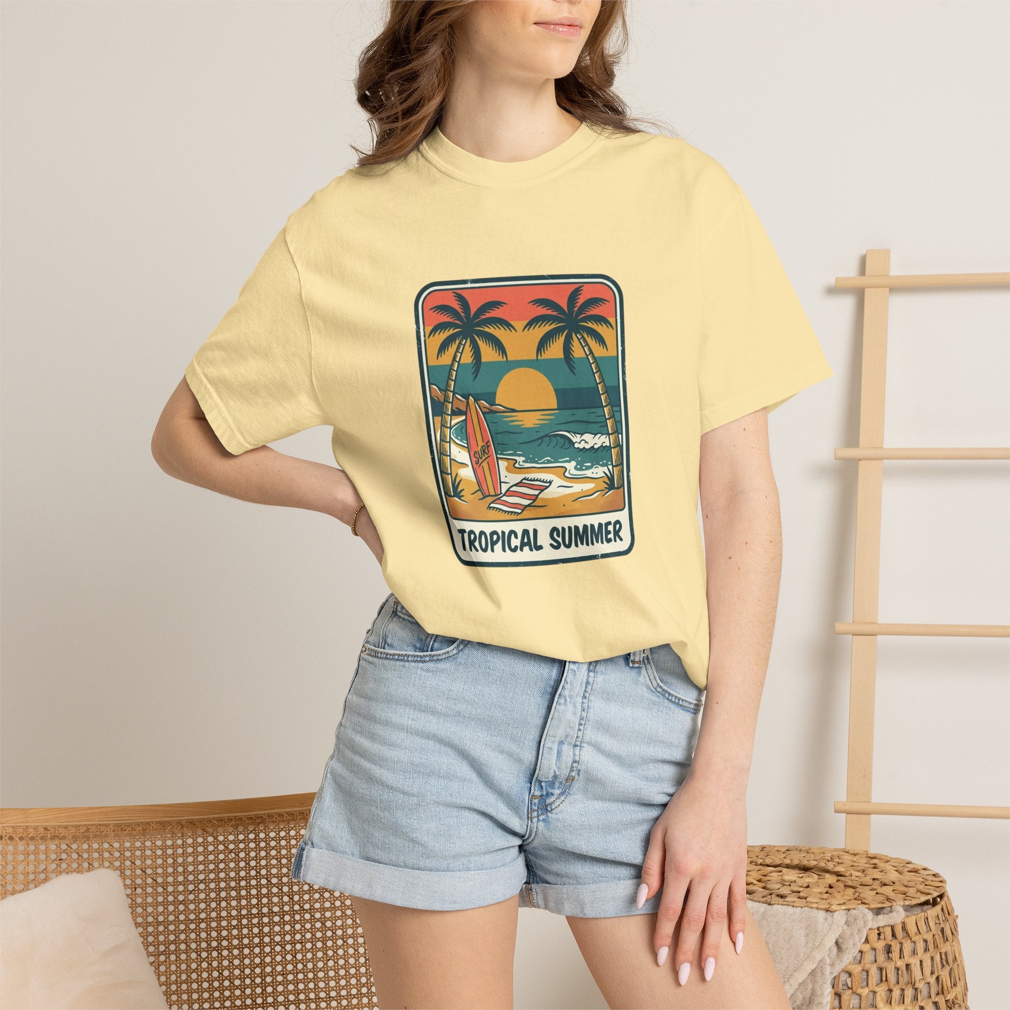 Tropical Sunset Surf Scene T-Shirt | Palm Trees, Sailboat, Retro Beach