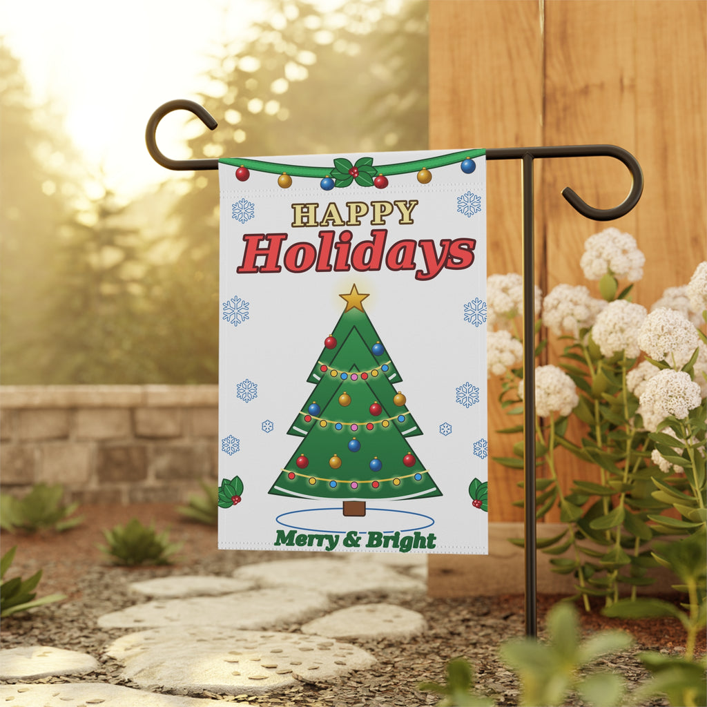 Happy Holidays Christmas Tree Garden Flag | Merry & Bright Holiday Banner
