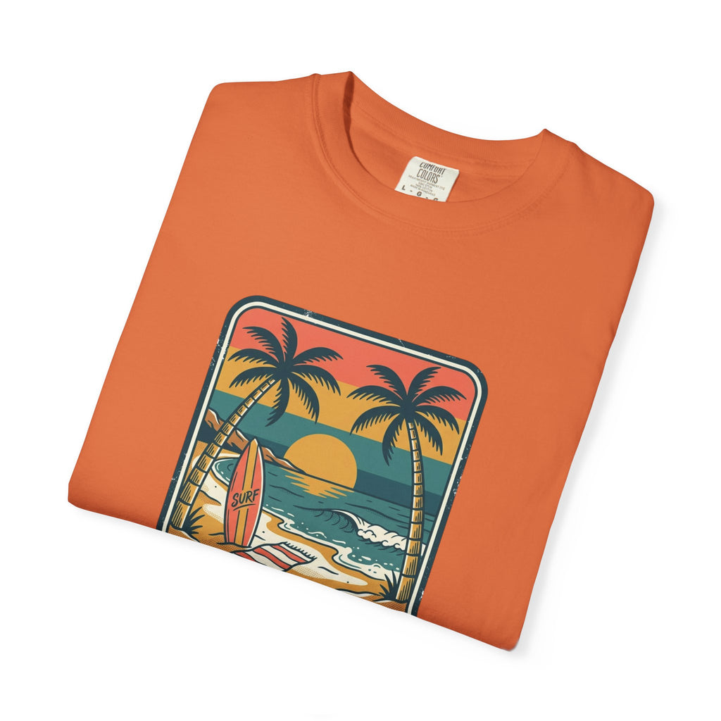 Tropical Sunset Surf Scene T-Shirt | Palm Trees, Sailboat, Retro Beach