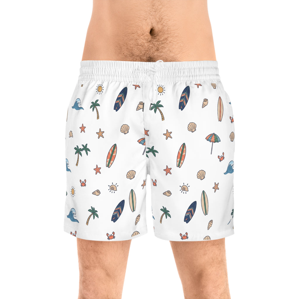 Beach Pattern Swim Shorts — Men's Surfboard & Seashell Print
