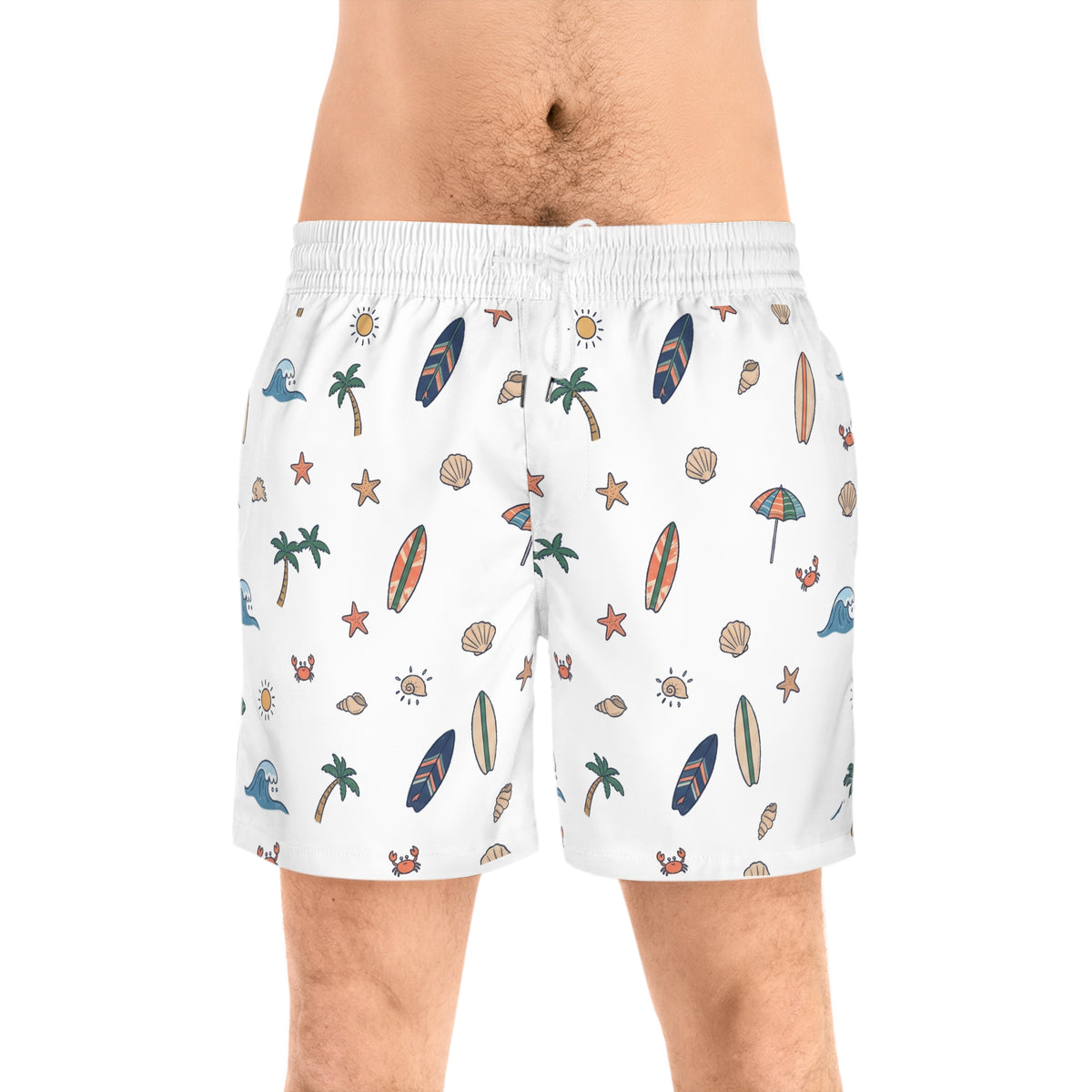Beach Pattern Swim Shorts — Men's Surfboard & Seashell Print