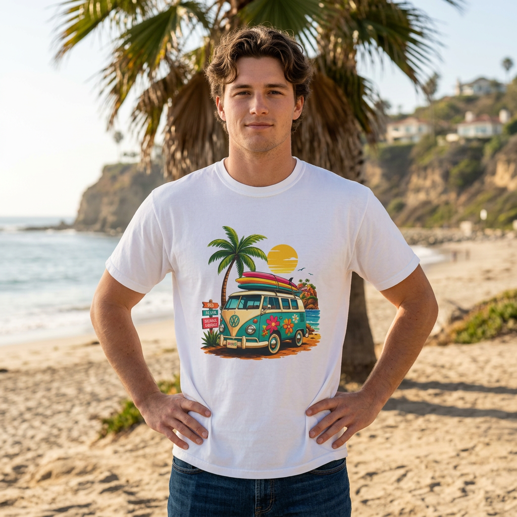 Vintage Surf Van T-Shirt — Tropical Beach Camper Graphic Tee