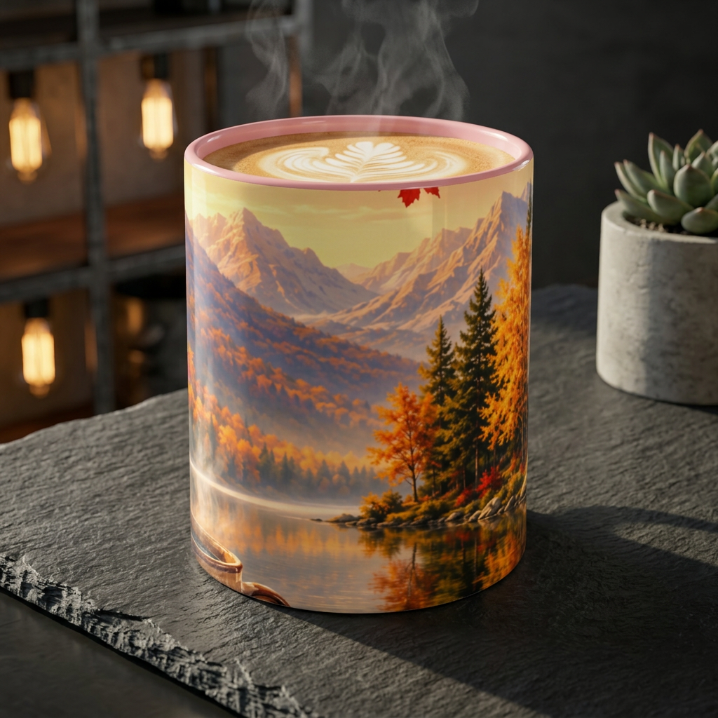 Autumn Mountain Lake Accent Mug — Scenic Fall Landscape Coffee Cup