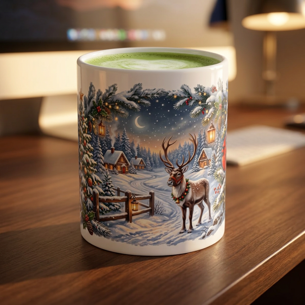 Reindeer in Snowy Village Mug | Winter Night Christmas Scene