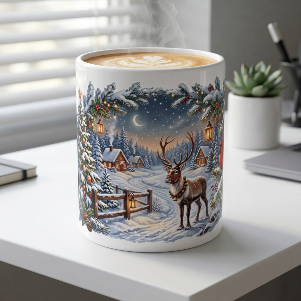 Reindeer in Snowy Village Mug | Winter Night Christmas Scene