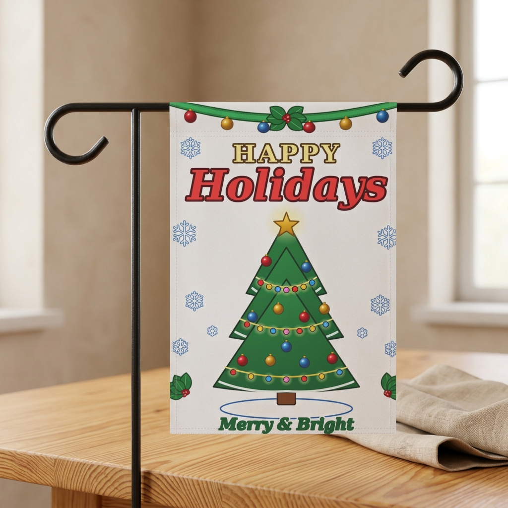 Happy Holidays Christmas Tree Garden Flag | Merry & Bright Holiday Banner