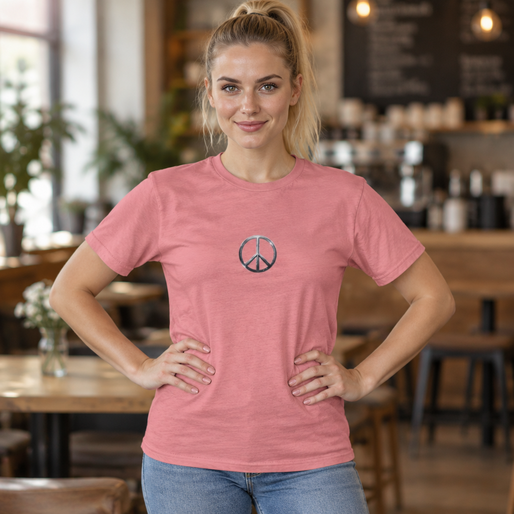 Peace Sign T-Shirt | Small Center Chest Peace Symbol Polished Silver